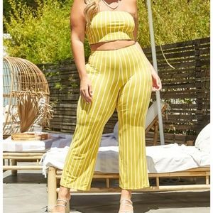 Asoph Plus Size Striped Tube Top and Flare Pants Set
